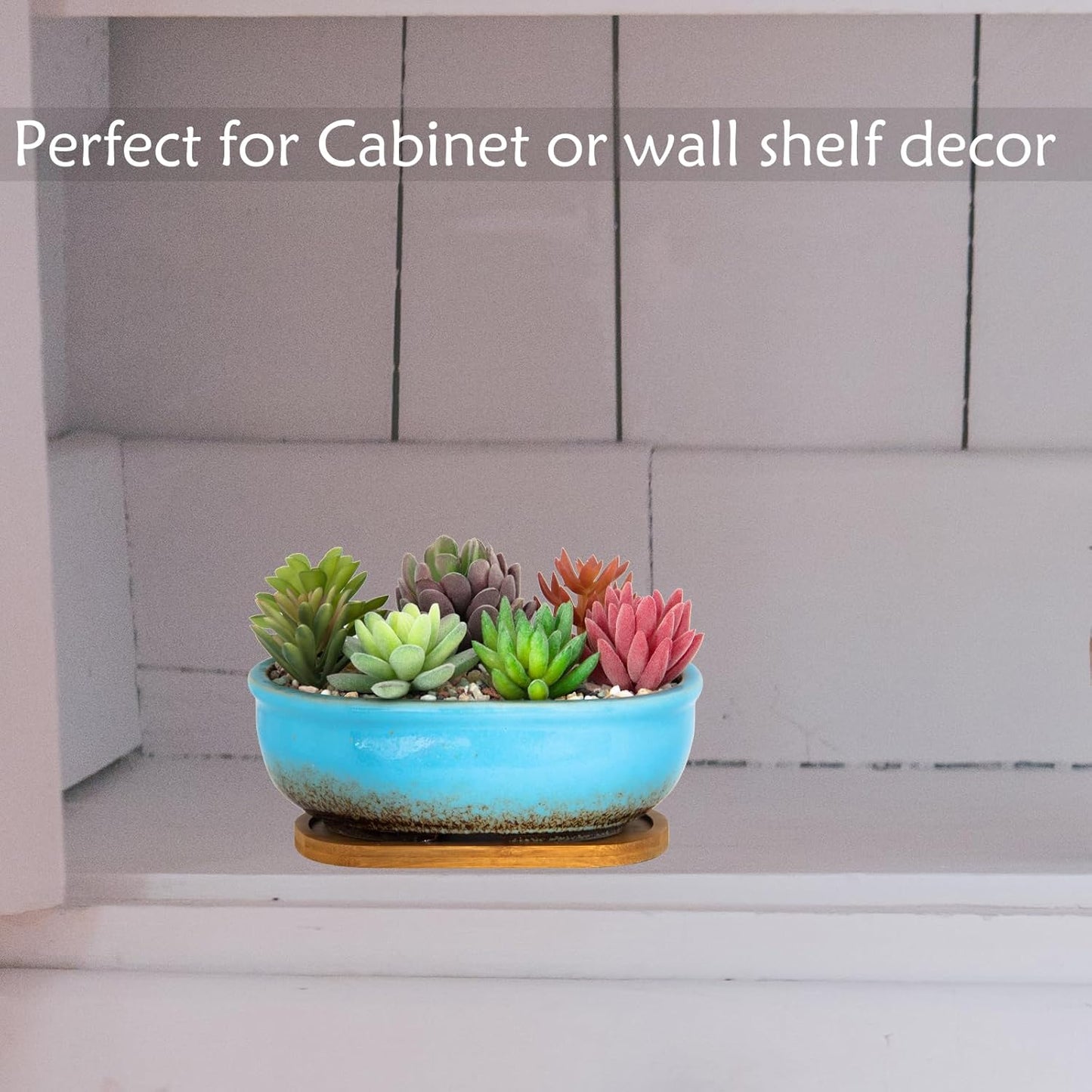 Succulent Pots, 7.9 Inch Long Rectangular Succulent Planters with Drainage Tray, Shallow Planters for Indoor Plants Ceramic Cactus Pots Glazed Bonsai Flower Plant Container for Home Windowsill Decor