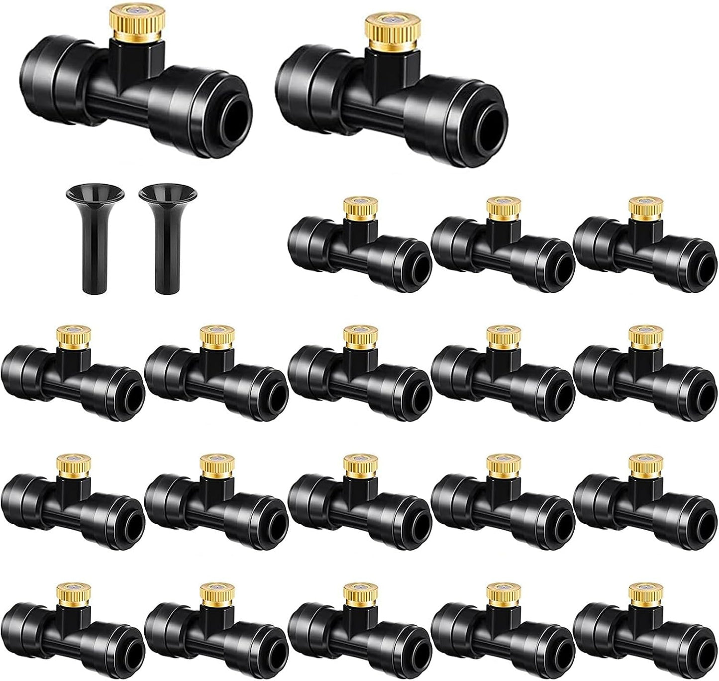 Brass & Black Misting Nozzles Kit - 20pcs Mister Nozzles & Tees with 2pcs Plugs for 1/4" Tubing and Outdoor Patio System
