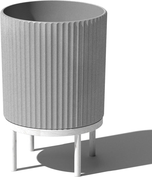 Veradek Demi Series Round Planter w/Stand for Porch/Patio | Durable Plastic-Stone Composite & Wooden Stand | Modern Décor for Tall Plants, Flowers