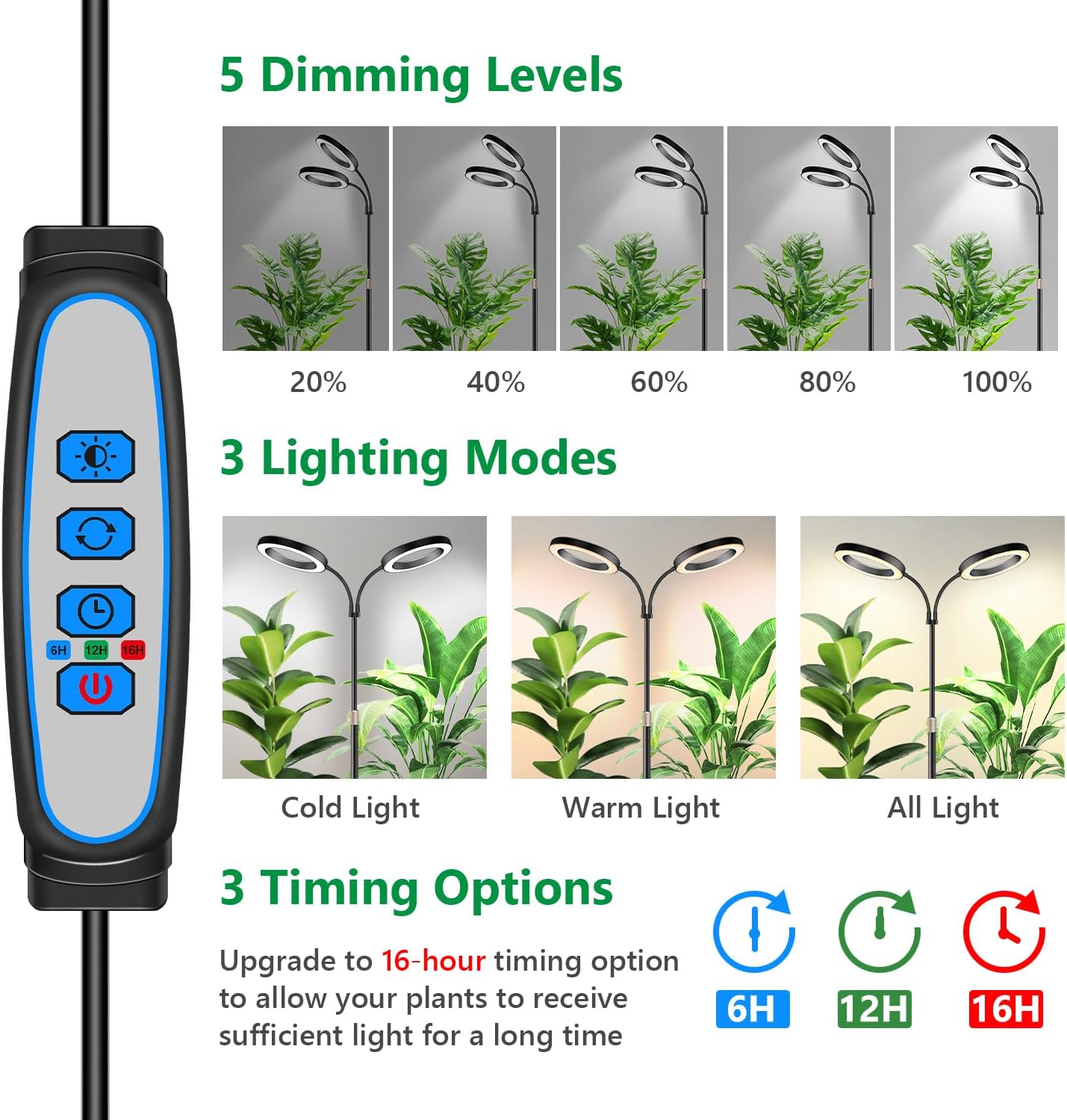 Large Plant Light for Indoor Plants, 2 Head Full Spectrum Grow Light with 68" Adjustable Stand for Growing Large Tall Plants, Black Halo Floor LED Grow Lamp with 16 Hour Timer