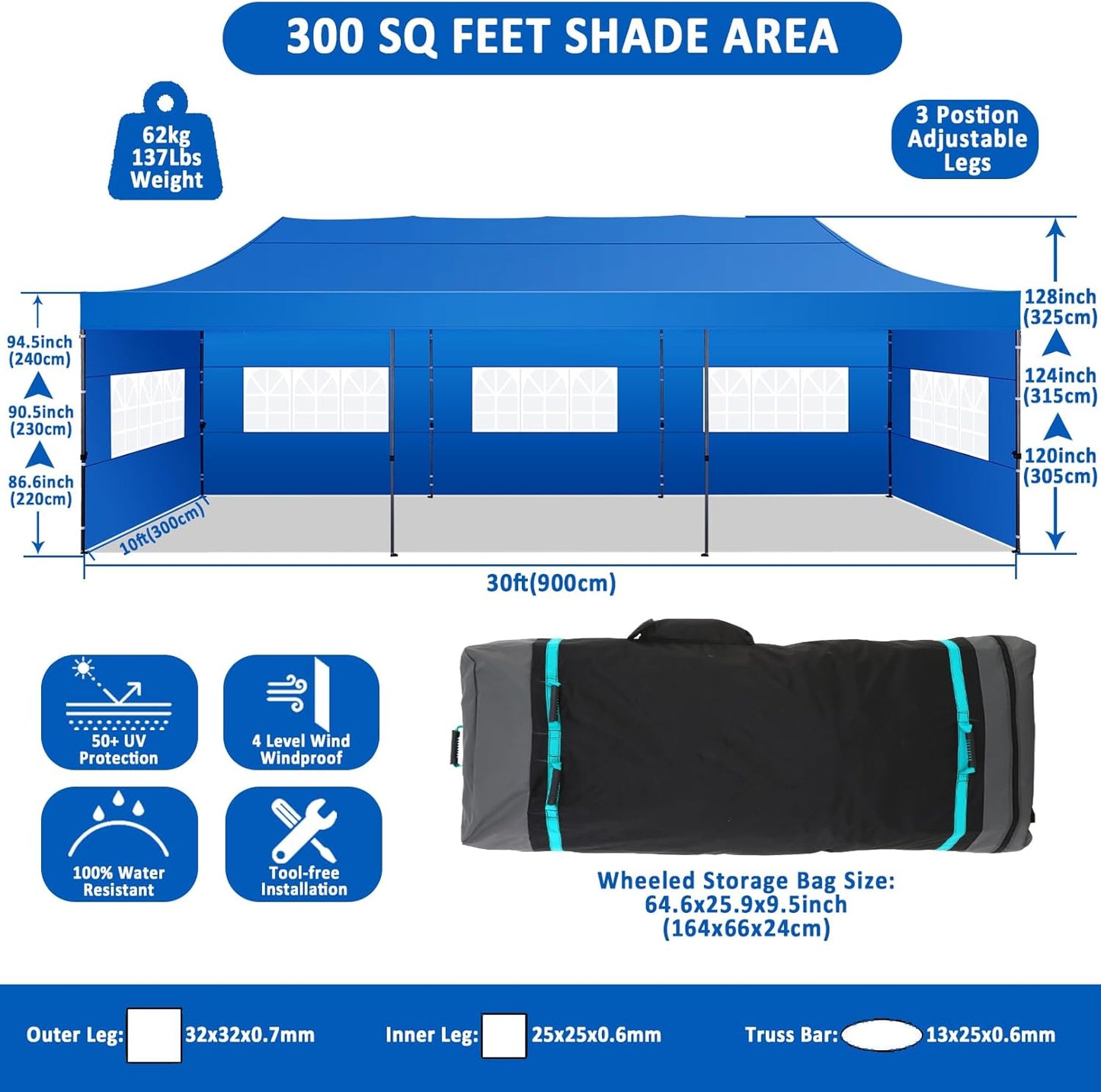 COBIZI 10x30 Pop Up Canopy with 8 Sidewall,Heavy Duty Canopy UPF 50+ All Season Wind Waterproof Commercial Outdoor Wedding Party Tents for Parties Canopy Gazebo with Roller Bag(10 x 30 ft Blue)