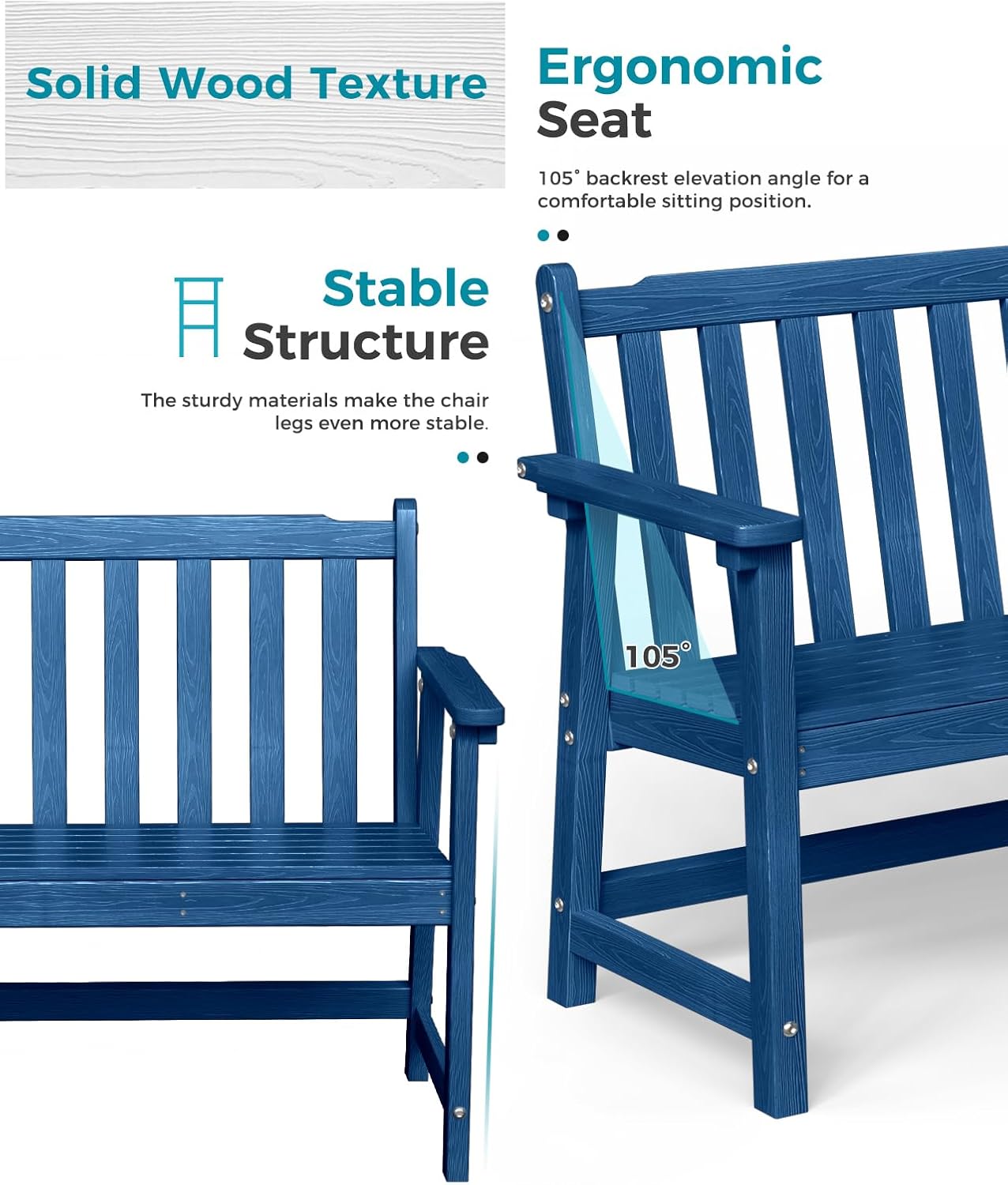 Outdoor Bench, 2-Person HDPE Garden Bench, All Weather Poly Patio Bench for Outdoors, Garden, Backyard, Porch and Park, 550 lbs Weight Capacity, Navy Blue