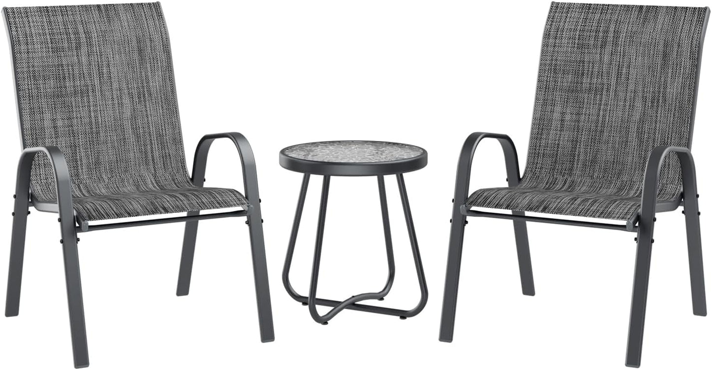 UDPATIO Patio Dining Set of 3, Outdoor Table and Chairs Set with Glass Table, 2 Stackable Patio Chairs with High Back, Outdoor Furniture Sets for Deck Garden Backyard Lawn Poolside (Dark Grey)
