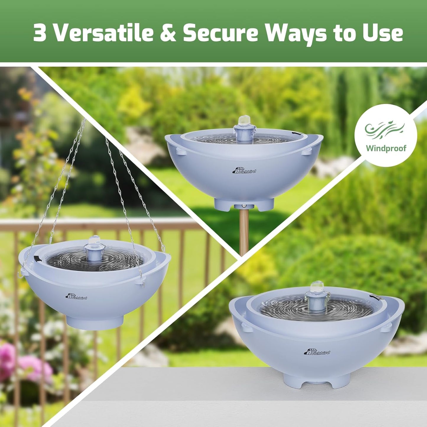 Solar Bird Bath Fountain with Battery, 3-in-1 Hanging & Freestanding Birdbath with Low-Water Protection & 3 Nozzles for Garden, Patio Decor (Sky Blue)