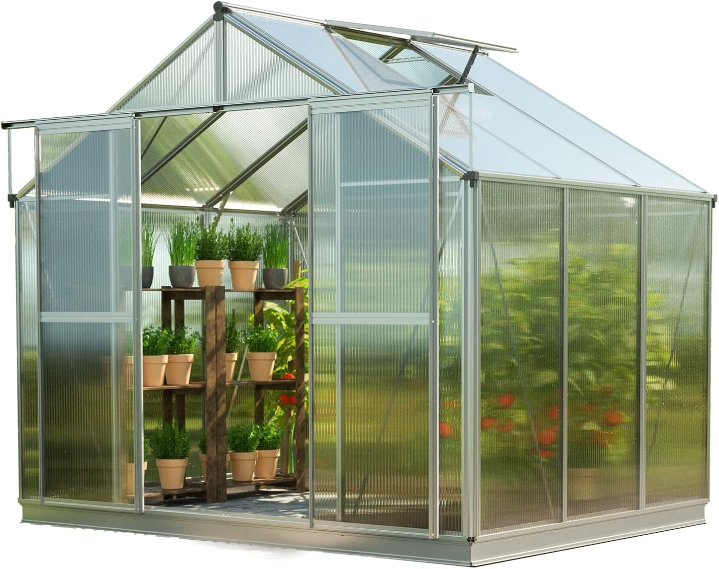 Greenhouse Topas 3 Aluminum Frame 7.4 x 6.4 ft Approx. 8 mm Polycarbonate Panels - with Bonus Base Frame and Automatic Vent Opener