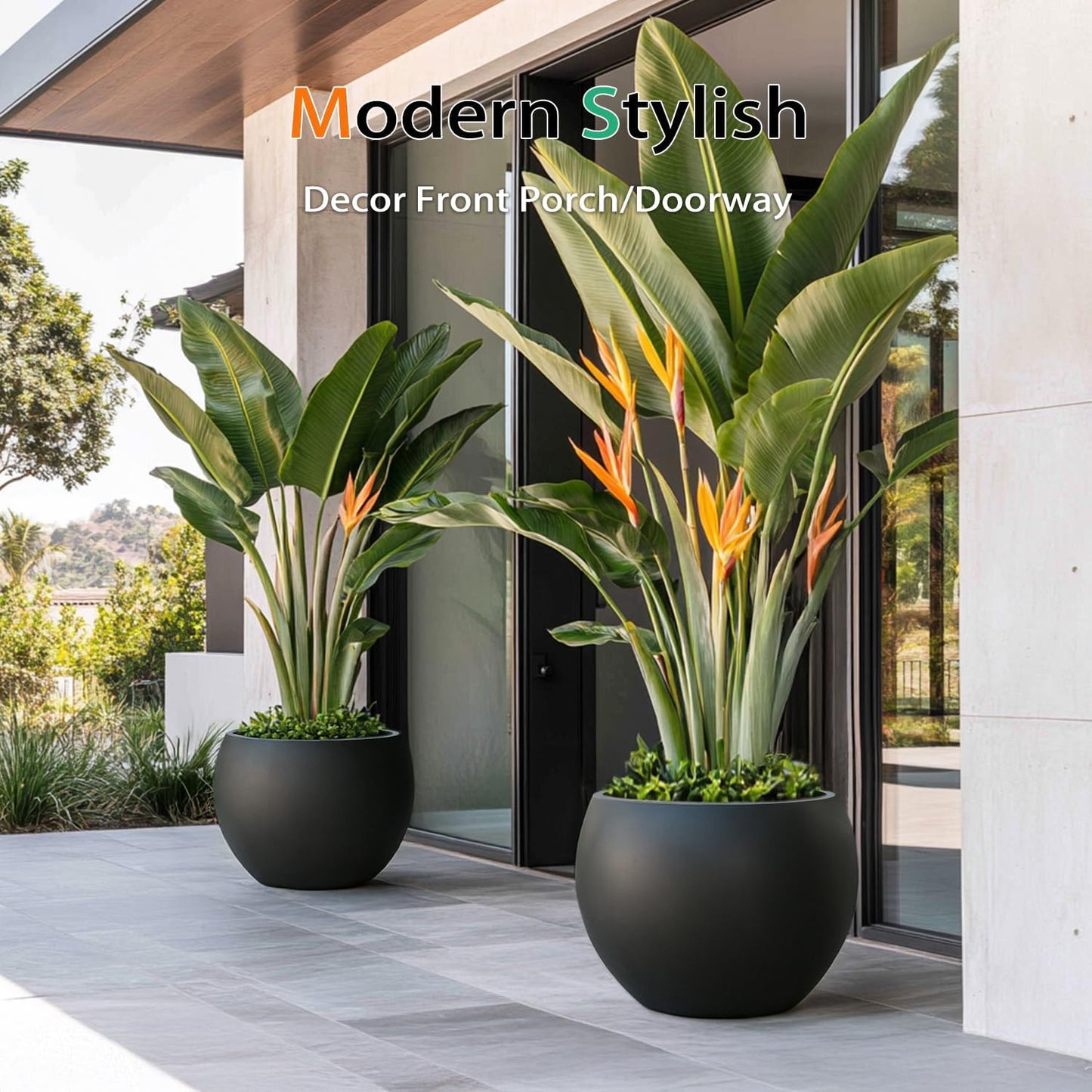 Ball Fiberstone Planter Outdoor Indoor, Large Tall Plant Pots for Front Porch, Patio, Garden (Black, 20 inch)