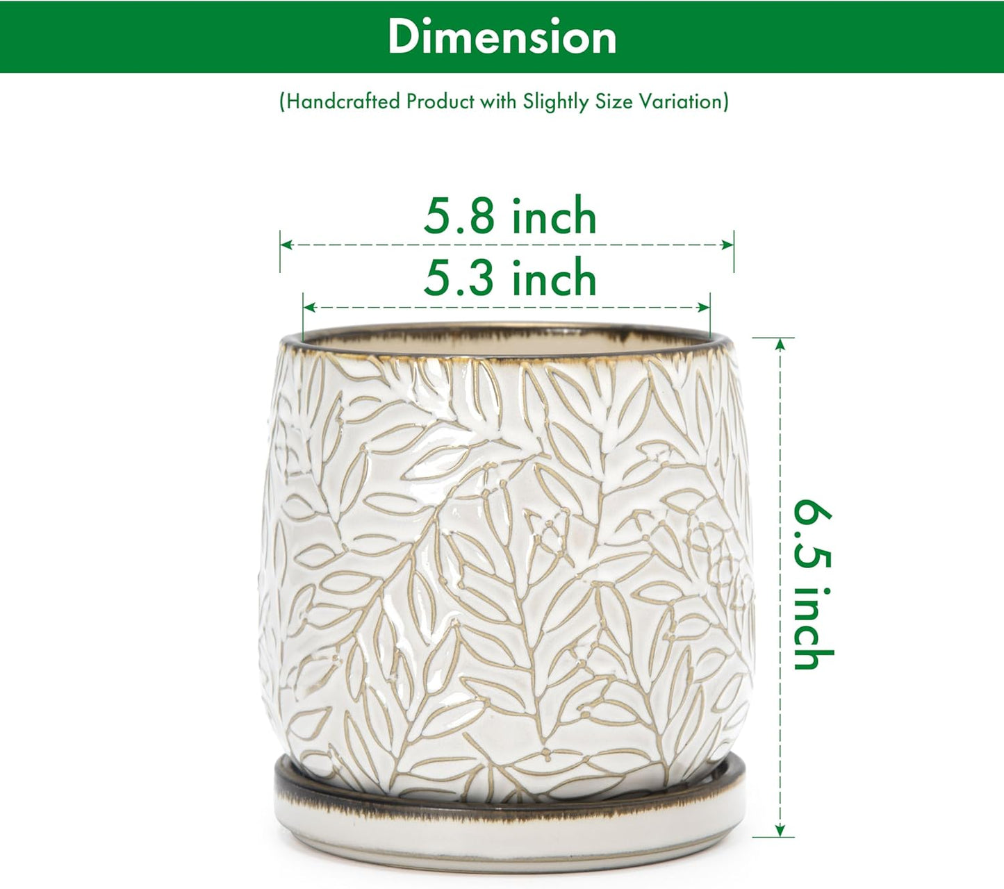 D'vine Dev 6 Inch Embossed Leaves Stoneware Planter Pot with Drainage Hole and Saucer, Smoked White, Set of 2, 27-F-X-1