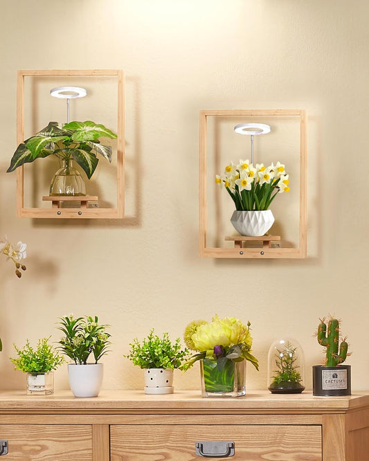 yadoker Wall Planters for Indoor Plants,Bamboo Hanging Plant Holders, Wall Decor Plant Stand, 2-Pack Window Plant Shelves with Plant Light> for Living Room & Entryway