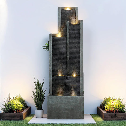 SunJet 5-Tier Modern Water Fountain, Indoor/Outdoor Resin Water Fountains with Soothing Water Sounds & Warm LED Light, Perfect for Garden, Patio, Home & Office, 16.9" L x 9.8" W x 50.7" H