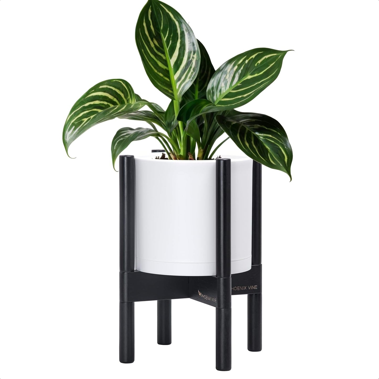 D'vine Dev Planter Pot with Stand - 8 Inch Plastic Cylinder Flower Pot with Wood Planter Holder for Indoor, Matte White Pot + Ebony Stand, 55-C-K-1
