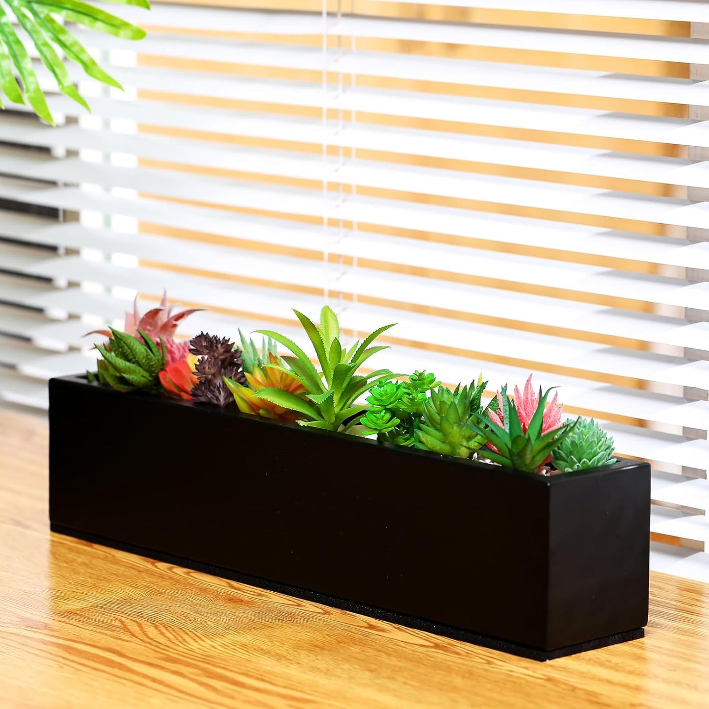 16.1 x 3.2 x 3.5 Inch Long Rectangular Planter Box Window Sill Plant Box Metal Water Trough Indoor Large Modern Steel with Drainage Holes Herb Garden Home(Black)