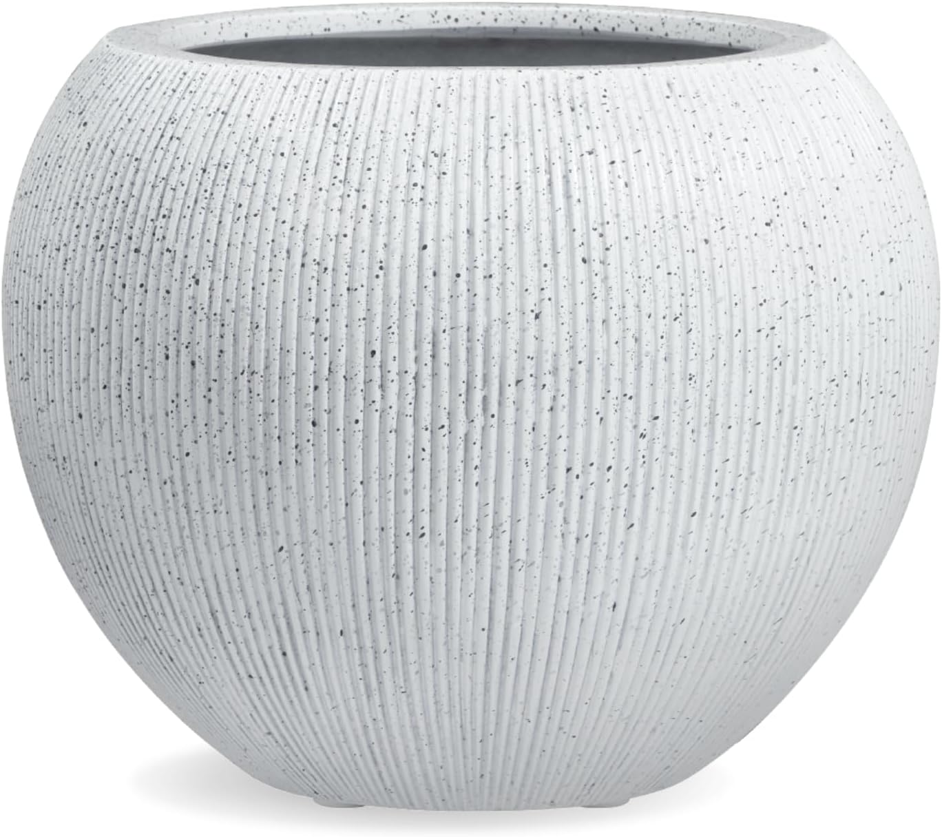 12.8"H x 16"D Globo Fiberstone Round Planter with Drainage Hole, Weather Resistant, Ribbed Finish, Planters for Indoor Plants & Outdoor, 2 Extra Coco Mats (Speckled White, 10.7" Pot Opening)