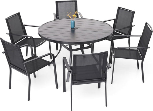 7-Piece Outdoor Dining Set, 48'' Round Table with 6 Stackable Chairs All Weather Furniture Set - Black