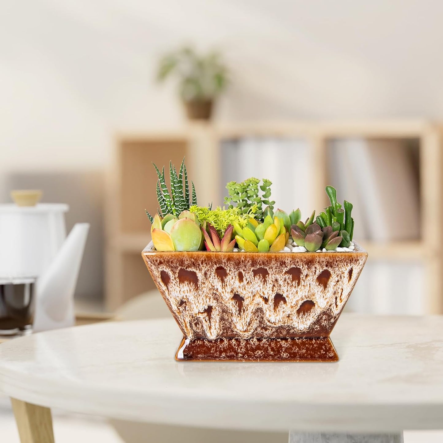 ARTKETTY Succulent Pots - 7 Inch Large Plant Pot with Drainage, Shallow Bonsai Pots Ceramic Succulent Planters for Indoor Outdoor Plants, Modern Cactus Pot Decorative Home Office