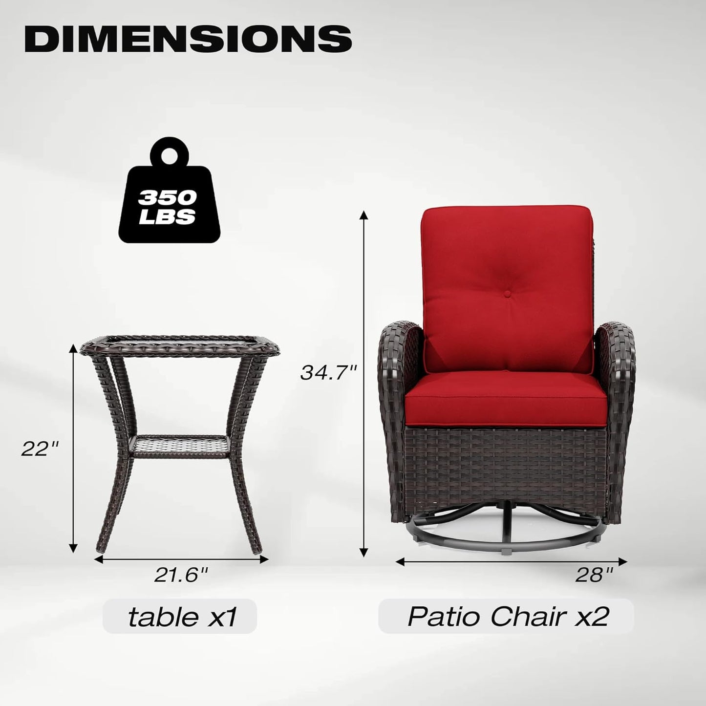 Joyside Outdoor Swivel Rocker Chairs, 3 Piece Wicker Patio Set with Thick Cushion and Side Table, Rattan Patio Swivel Rocking Chairs for Porch, Deck Use (Brown/Red, 3 PCS)