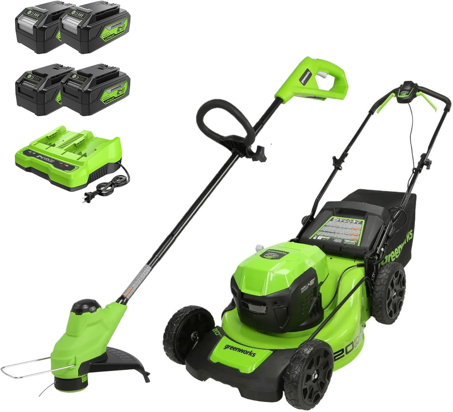 Greenworks 48V (2x24V) 20" Cordless pushMower & 10" String Trimmer Combo Kit – Ideal for Backyard Lawn Grooming, Edge Trimming & Small Garden Maintenance – W/ (4) 4.0Ah Batteries & Dual Port Charger