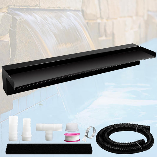 Pond Waterfall Spillway Pool Fountain Water Feature, Black Stainless Steel Outdoor Fountains, Swimming Pool Water Flow Waterfalls Kit for Garden Patio Ponds-35.4"x7.8"x3.9"(NO Light)