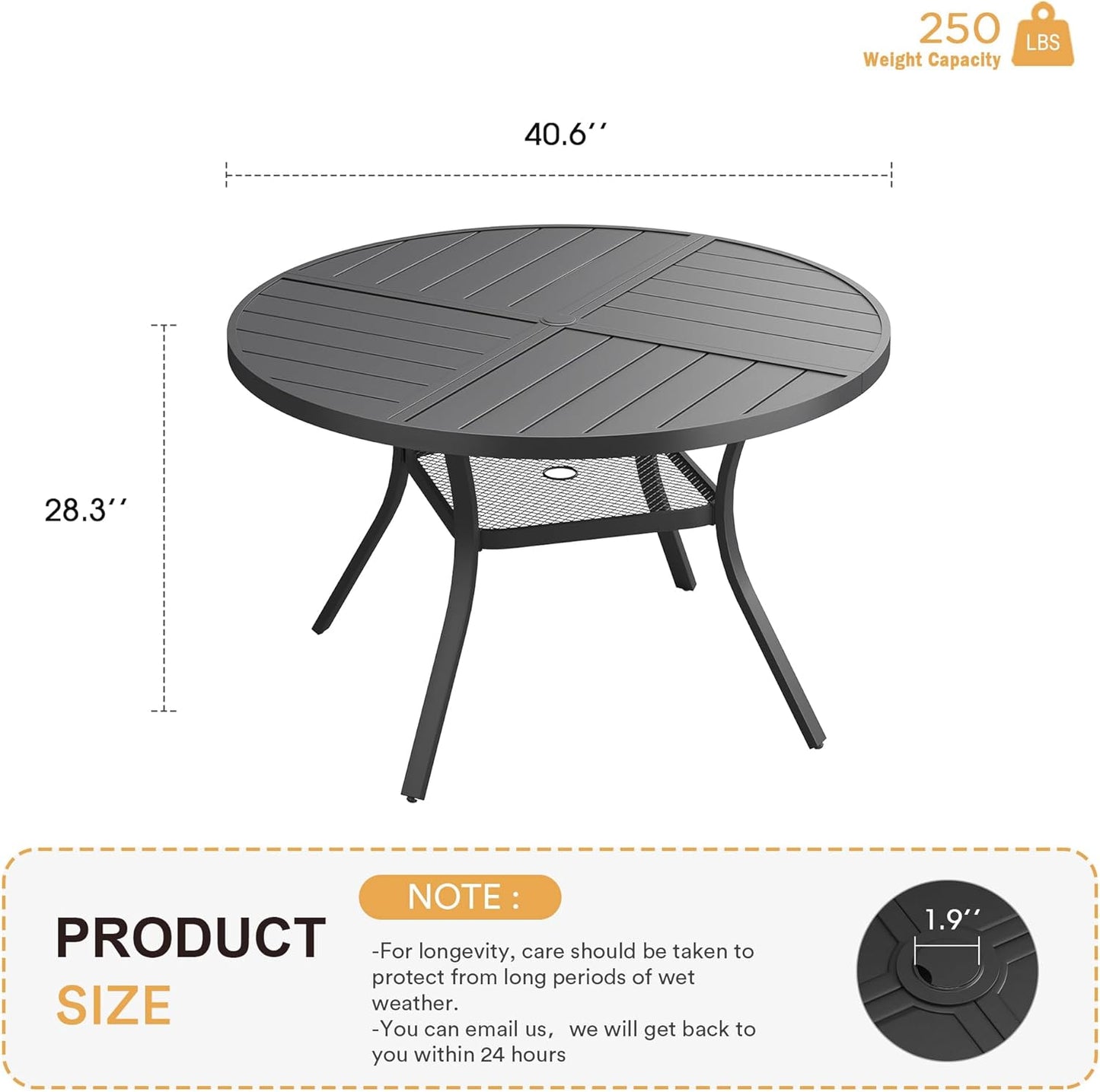 VICLLAX Round Patio Table with Adjustable Umbrella Hole for 4, All Weather Metal Outdoor Dining Table for Lawn Garden, 40.6" Outdoor Coffee Table, Black Tabletop