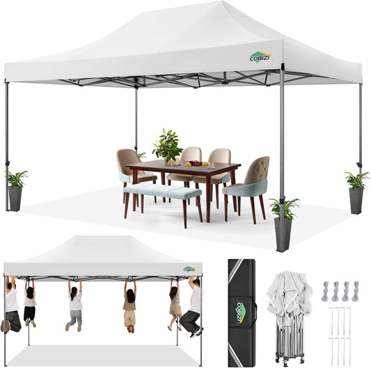 COBIZI 10x15 Heavy Duty Pop up Canopy Tent Easy Up Commercial Outdoor Canopy Wedding Party Tents for Parties All Season Wind & Waterproof Gazebo with Carry Bag, White(Frame Thickened)