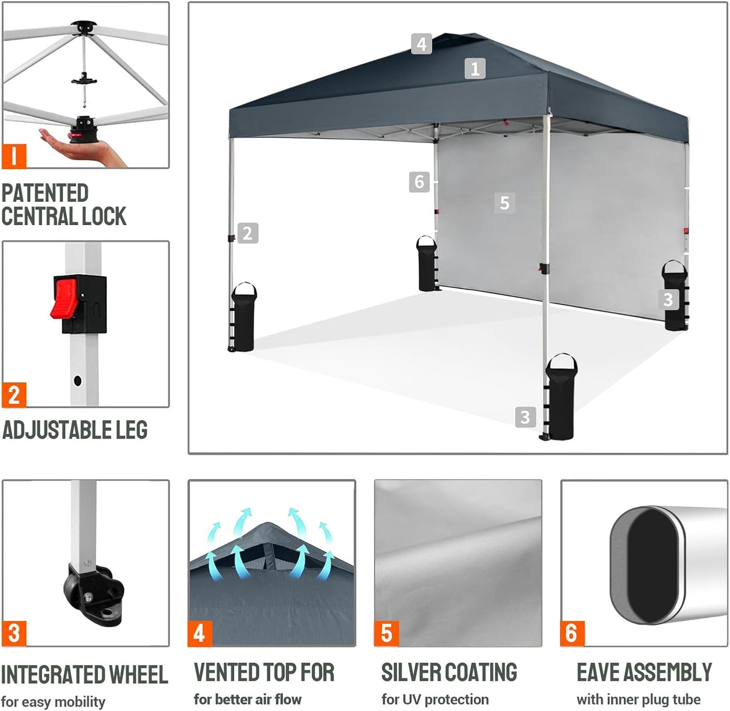CROWN SHADES 10x10 Pop Up Canopy with 1 Side Wall - Beach Tent with One Push Setup - Outdoor Sun Shade for Events, Parties, Camping - Gazebo with STO-N-Go Cover Bag (Grid Grey)