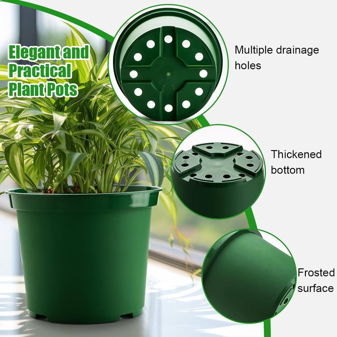 3 Gallon Plastic Nursery Pots, 10 Inch Round Plant Pots with Drainage Holes, 10 Pack Planting Pot for Outdoor Indoor Plants, Gardening Gifts for Women, Green