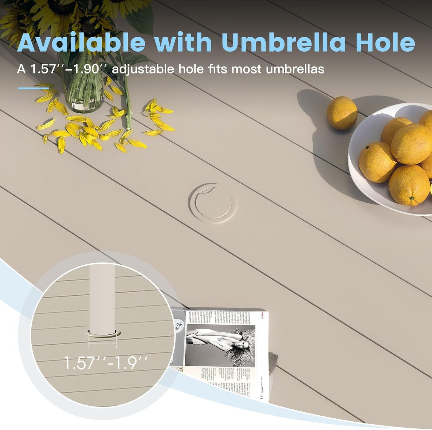 DIFY 48" Round Patio Dining Table for 6, Outdoor Metal Dining Table with 1.57" Umbrella Hole for Backyard Lawn Garden, Sandshell