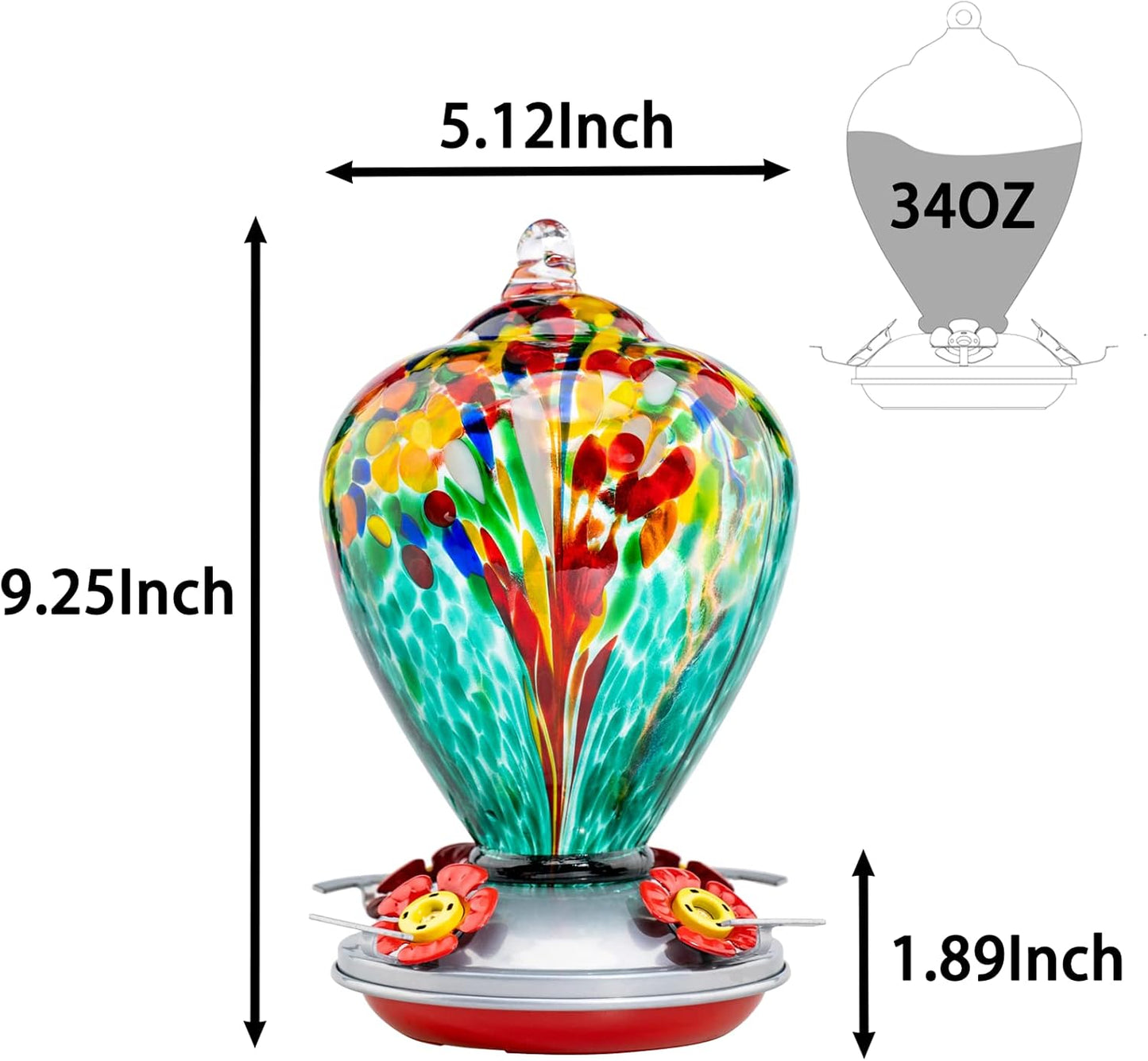 Muse Garden Hummingbird Feeders for Outdoors Hanging, Blown Glass Hummingbird Feeder, Gifts for Mom, Garden Decor for Outside, Unique Gifts Idea for Women, 34 Ounces, Turquoise Fireworks