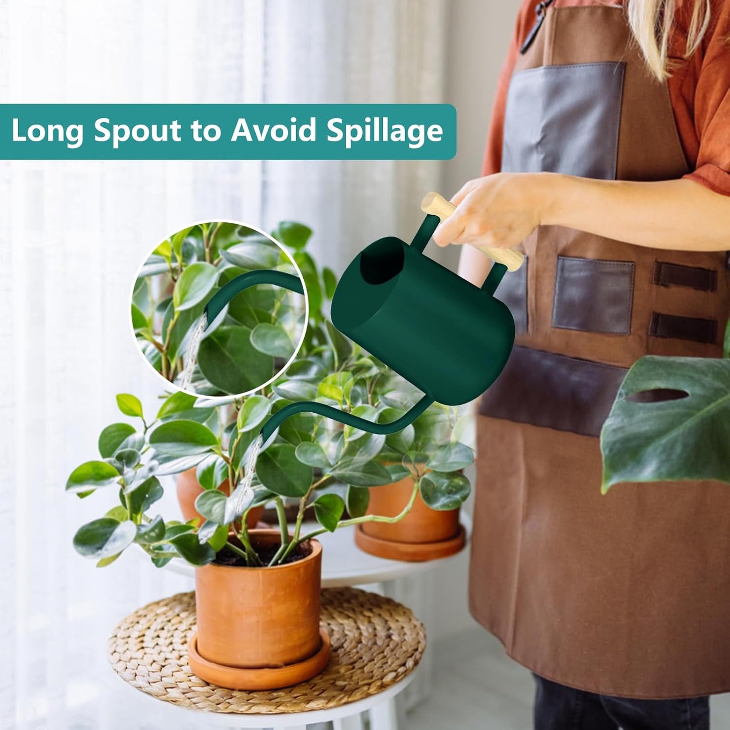 Watering Can Indoor Plants, 35oz Small Indoor Stainless Steel Metal Watering Can Modern Decorative Watering Pot with Long Spout for Indoor House Plant Bonsai Garden Flowers (Alpinegreen)