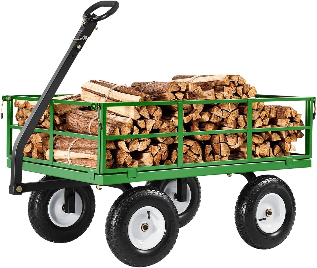 VEVOR 1200 Lbs Steel Garden Cart, Heavy Duty Pullable Garden Wagon Yard Cart, 2 in 1 Outdoor Metal Utility Wagon Yard Trailer with 13" All Terrain Tires, Mesh Removable Sides and 180°Rotating Handle