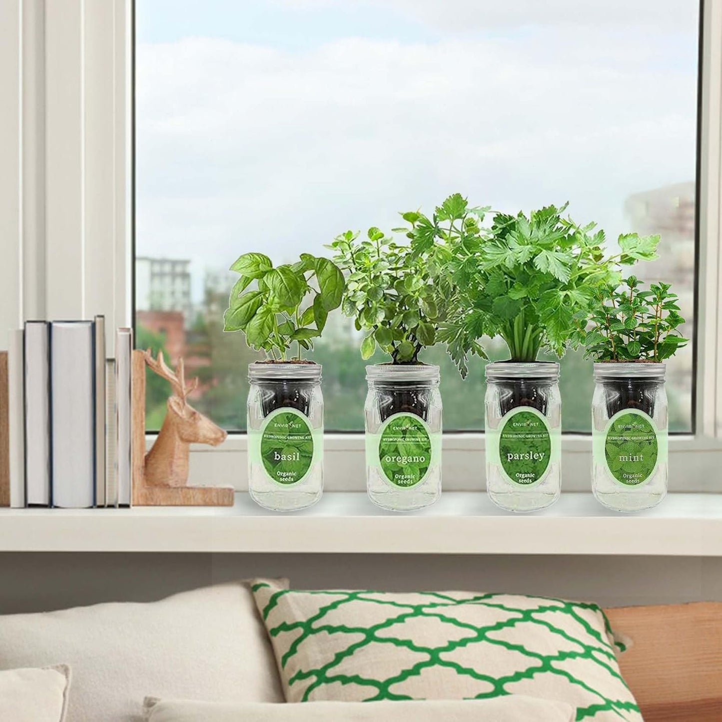 Hydroponic Herb Growing Kit Set, Self-Watering Mason Jar Herb Garden Starter Kit Indoor, Grow 4 Kinds of Herbs from Seeds (Basil, Mint, Parsley & Oregano)