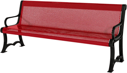 Coated Outdoor Furniture Heavy-Duty Outdoor Bench Thermoplastic Coated, Punched Steel, Commercial-Grade Garden Bench, Made in America (Portable with Back, 4 Ft, Textured Red)