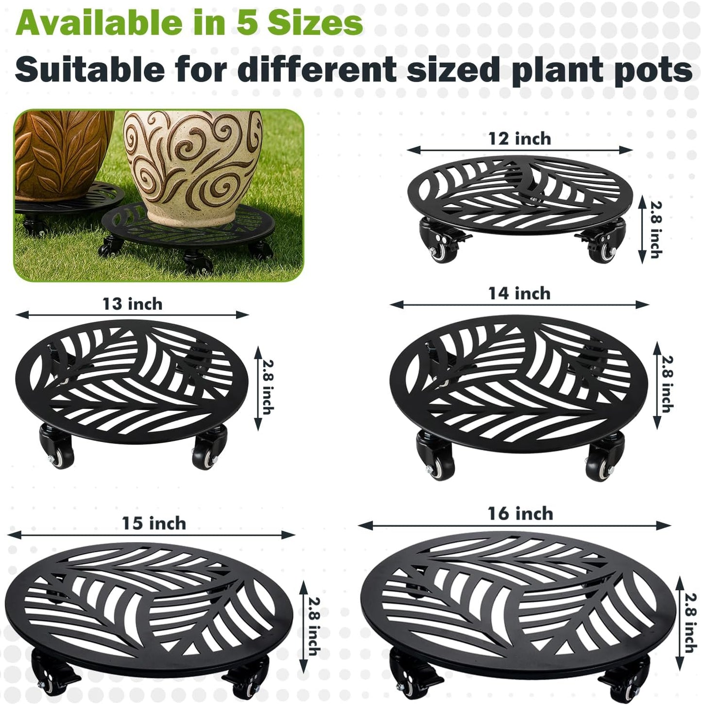 1 Pack 12 inches Large Metal Plant Caddy with 3 PU Metal Wheels Rolling Plant Stand with Casters Indoor Outdoor Wheeled Planter Roller Base Pot Movers Plant Dolly Coaster Trolley Black