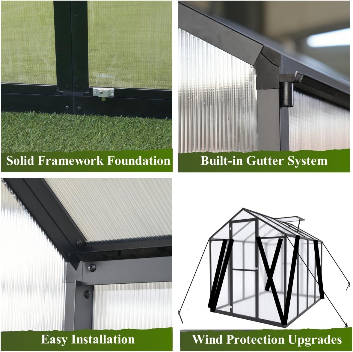 10 * 12 * 8.7FT Greenhouse for Outdoors,Polycarbonate Greenhouse with Stronger Wind Protection and Roof Vent,Walk-in Large Aluminum Sunroom Winter Proof,Black