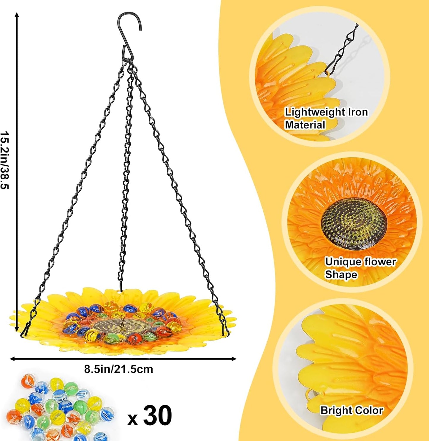 Bee Watering Station for Garden, Bee Bath Feeders for Outside with Vivid Flower Design, Hanging Butterfly Bath Bowl with Glass Balls for Outdoor Courtyard Decoration (1Pcs-Yellow)