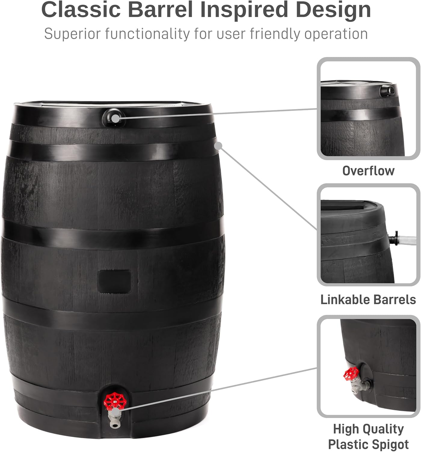 50-Gallon ECO Rain Barrel Made with 100% Recycled Plastic, Flat Back Rain Water Collection Barrel, Stand Included, Black