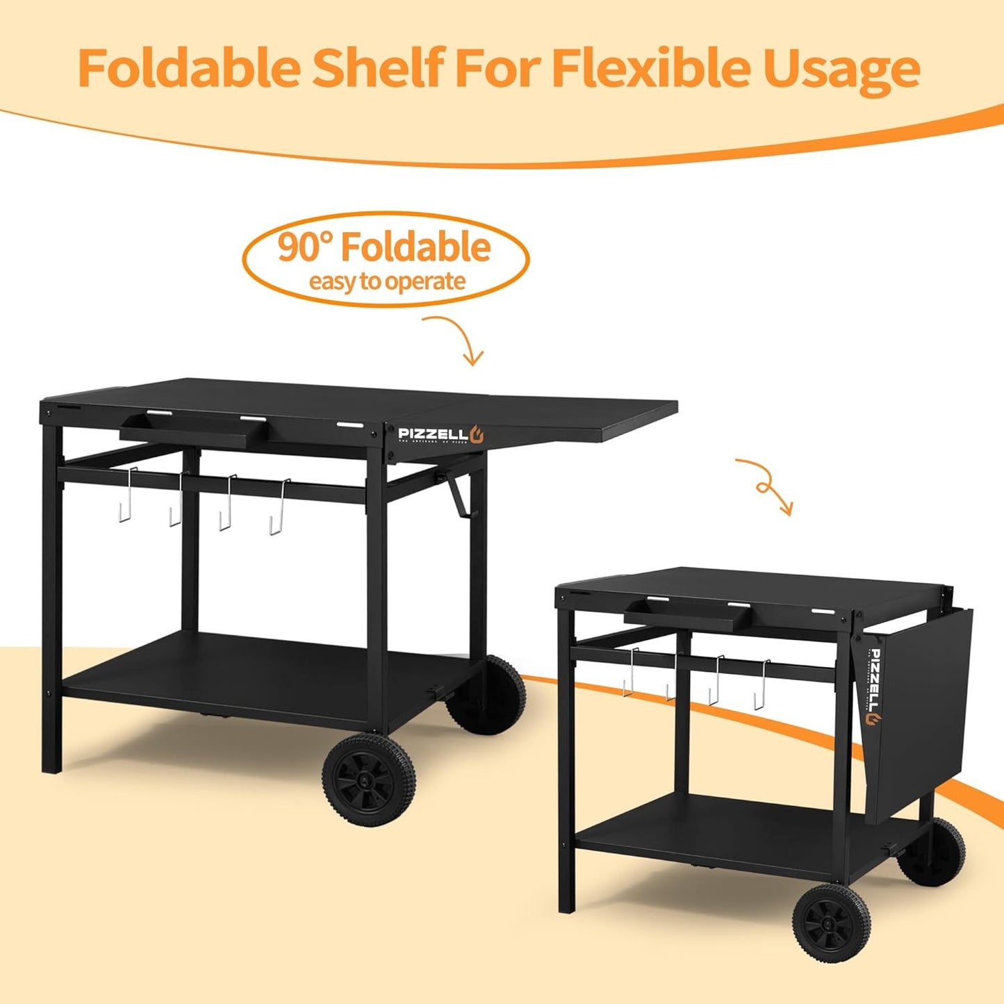 Outdoor Grill Table 44" x 26" Movable Pizza Oven Stand Foldable Double-Shelf Grill Cart Fit for 12/16inch Oven Ooni Ninja Woodfire Blackstone