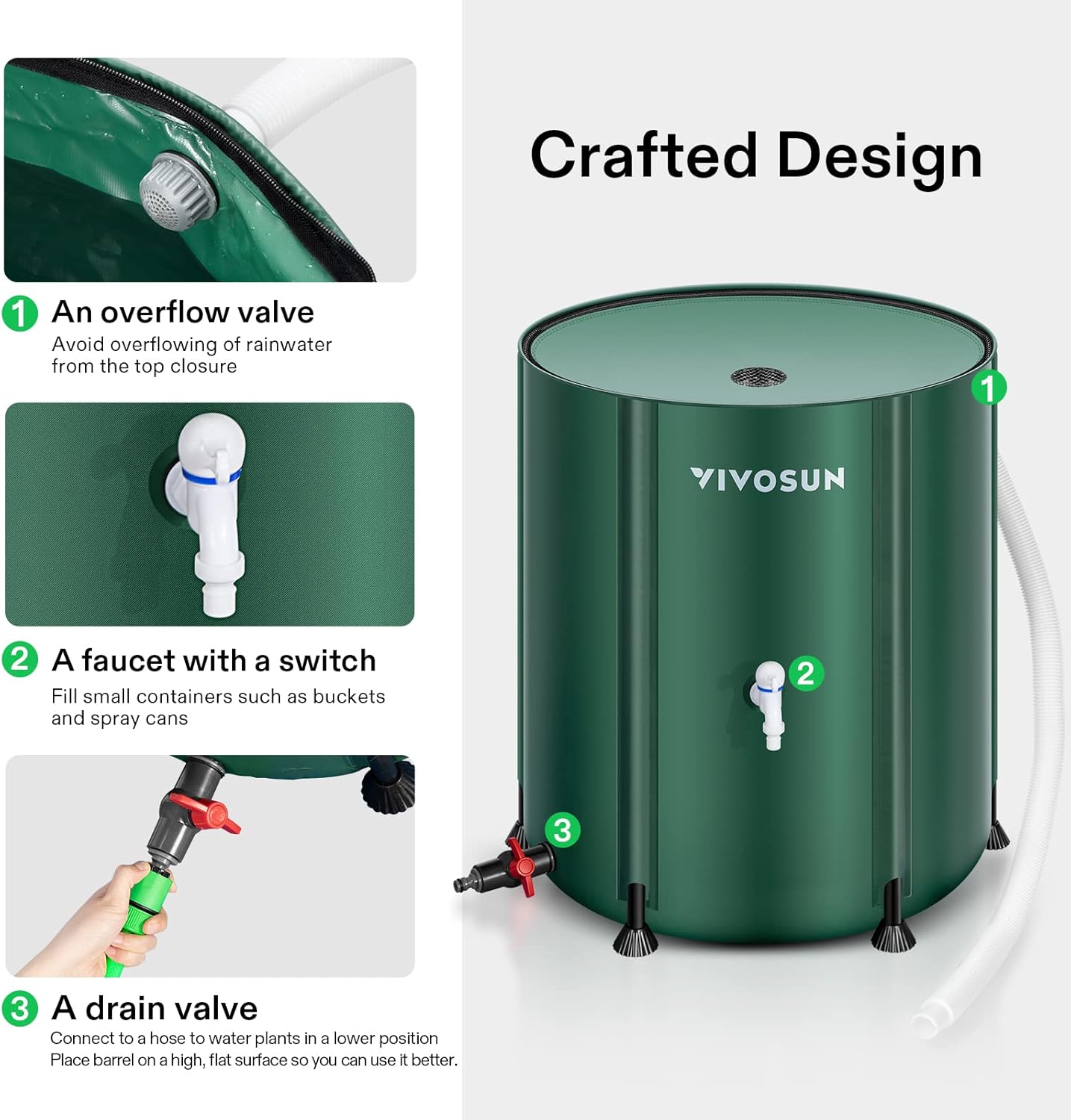 VIVOSUN Collapsible Rain Barrel, 132 Gallon Water Storage Tank with 1000D Oxford Cloth, Portable Rain Collection System Includes Two Spigots and Overflow Kit, Green