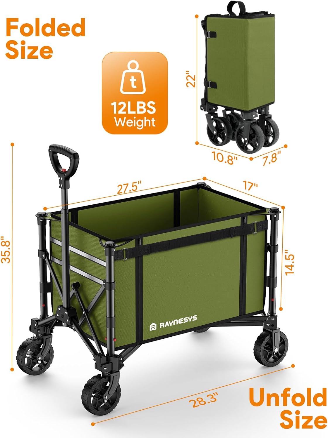 Collapsible Wagon Cart with Wheels 220lbs Foldable Wagon 120L Shopping Cart for Groceries Folding Utility Wagon for Beach, Garden, Camping, Sport, Wheelbarrows, Green