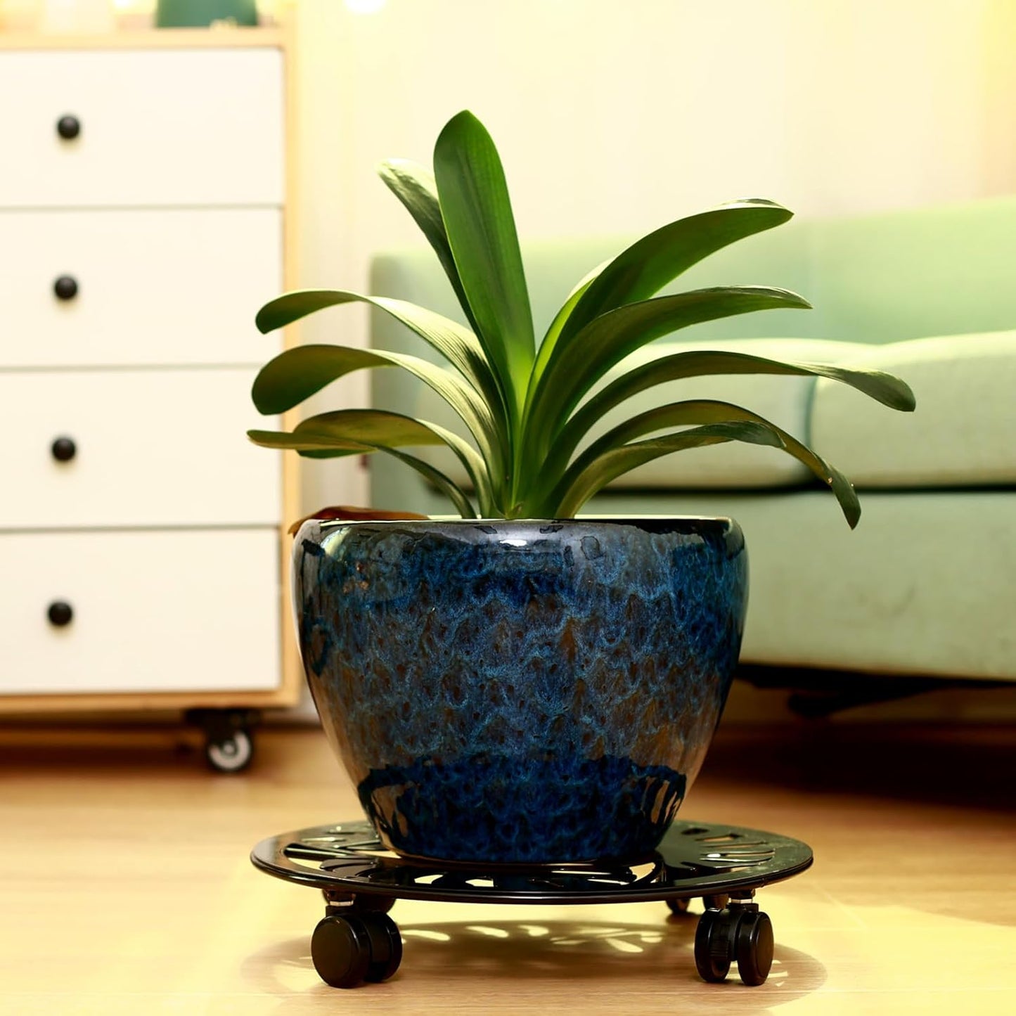 3 Packs Metal Plant Caddy with Wheels 13” Rolling Plant Stands Heavy-duty Wrought Iron Plant Roller Planter Movers Indoor Outdoor Wheeled Plant Dolly with Casters Tray Coaster, Black palm leaves