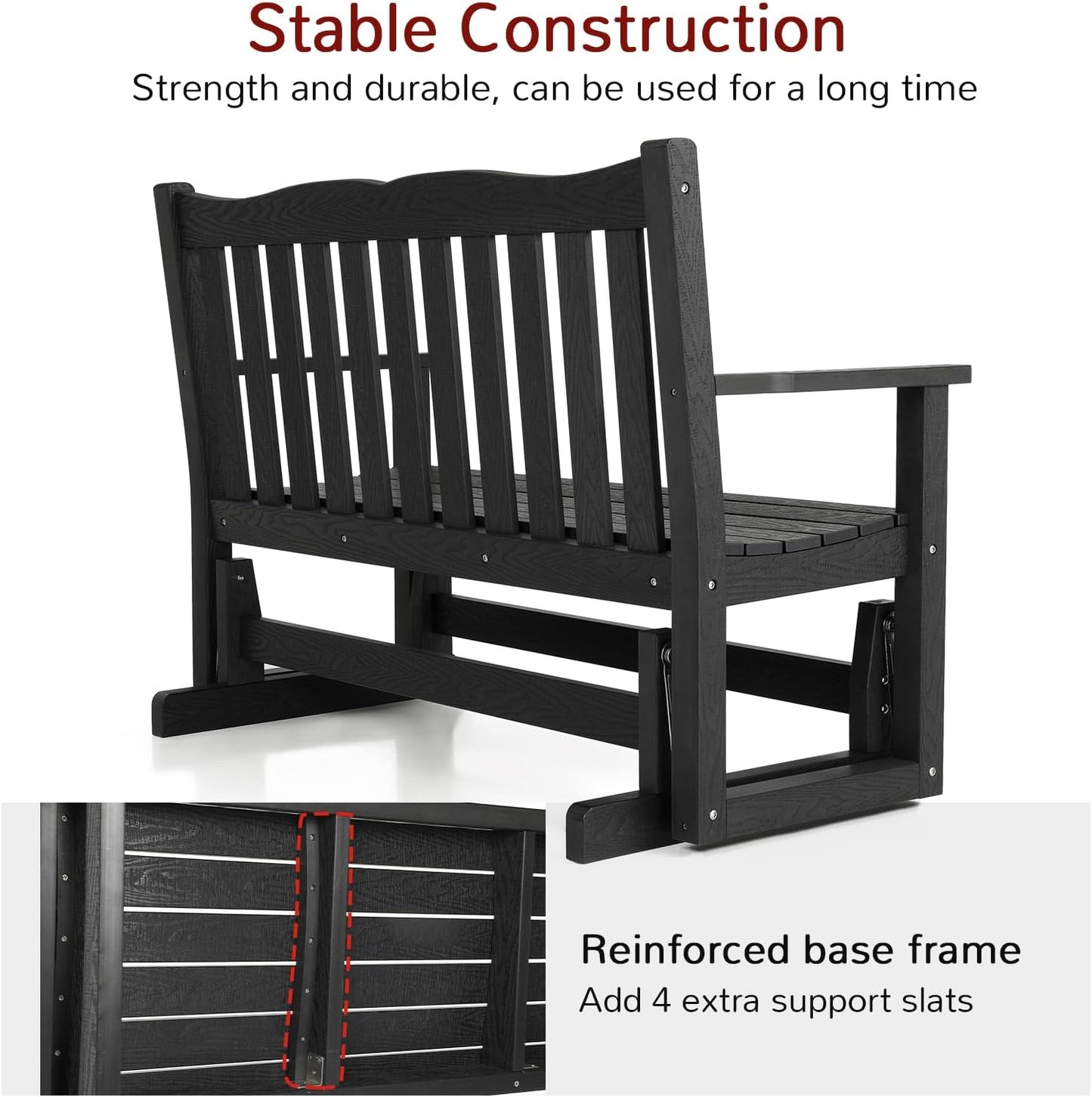 Stoog Outdoor Glider, All-Weather HIPS 2 Person Patio Glider Bench with 800 lbs Weight Capacity, Never Fade or Rot, for Garden, Backyard, Porch, and Deck, Black