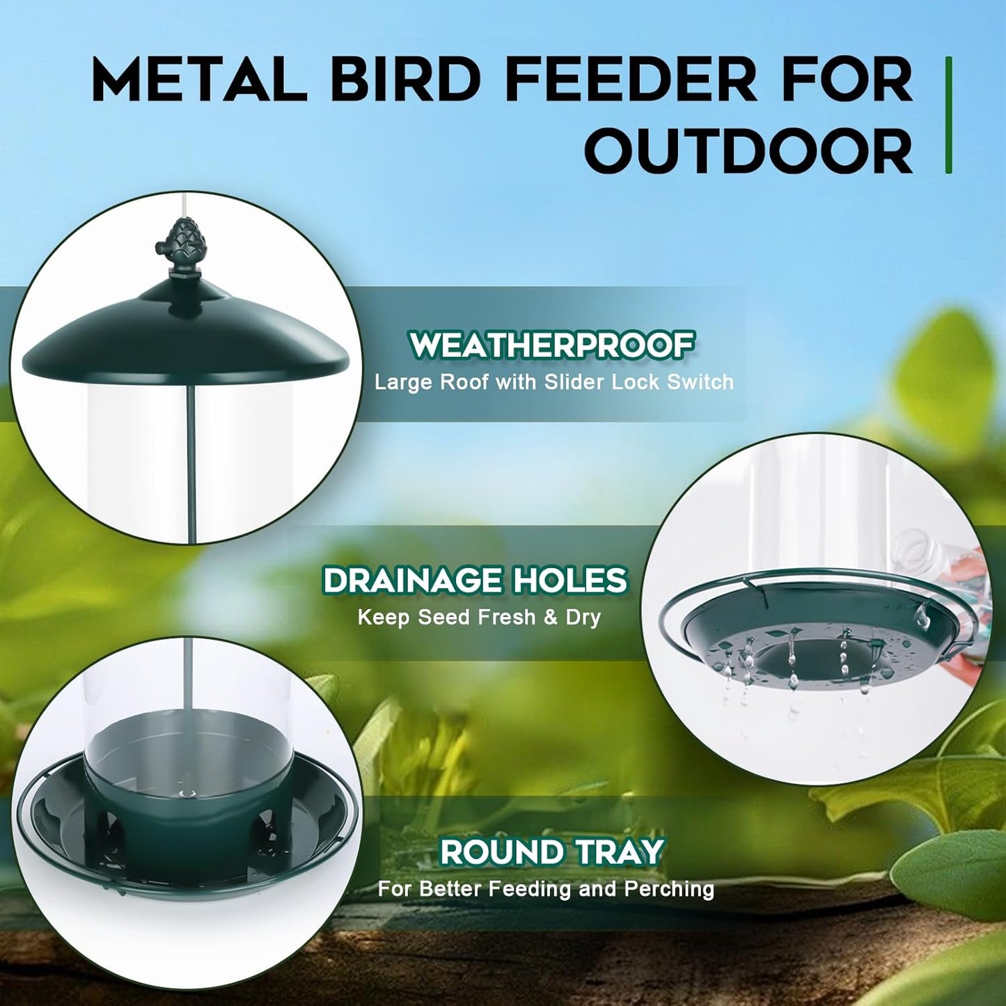 Metal Bird Feeders for Outdoors Hanging, Weather Resistant Wild Bird Feeder with 360 Degree Feeding Tray, Green