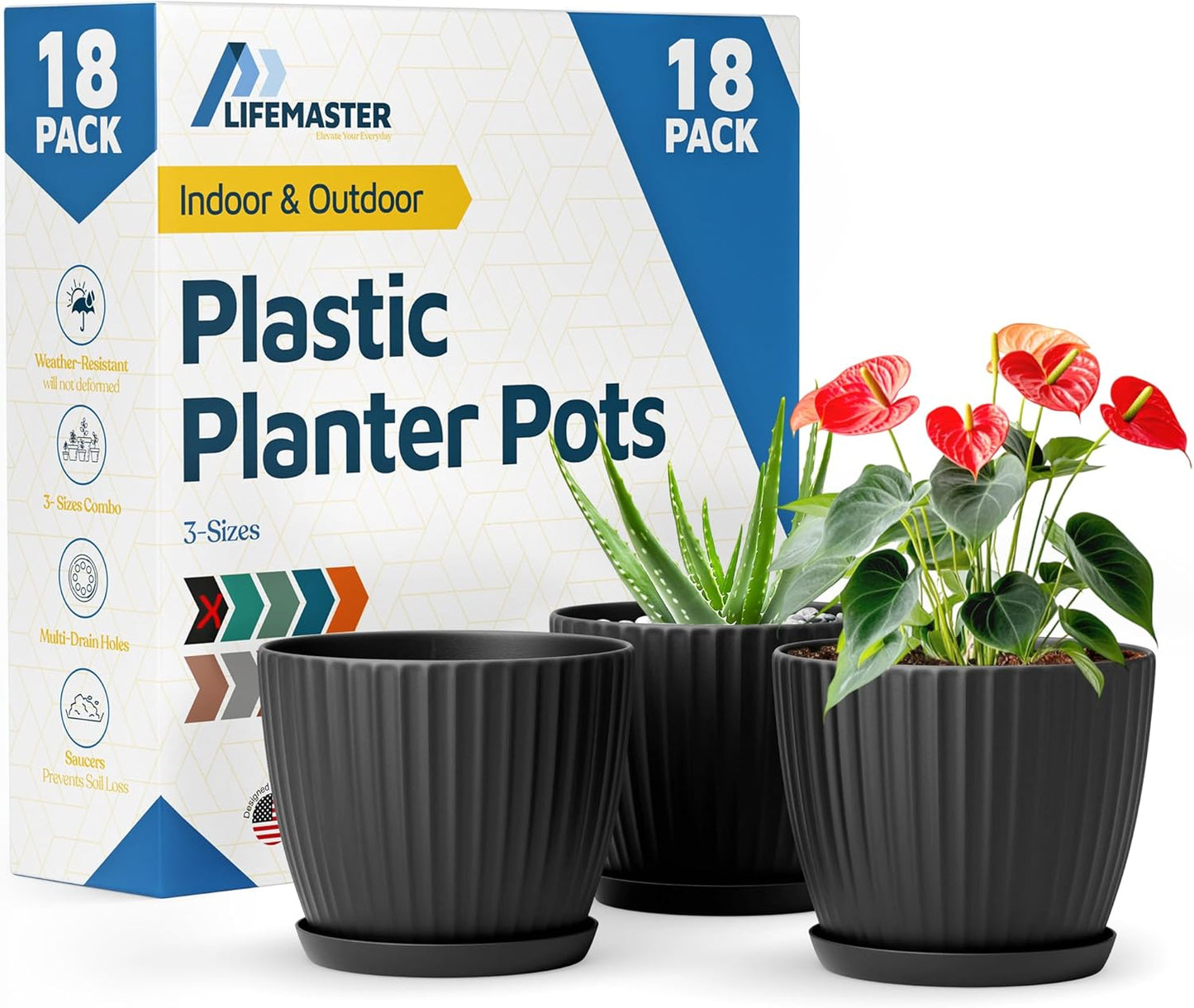 Black 6-Inch Plant Pots with Drainage & Saucers 18 Pack, Indoor & Outdoor Planters for Houseplants, Herbs, and Flowers, Durable & Weatherproof Material, Stackable, Lightweight, Minimalist Design