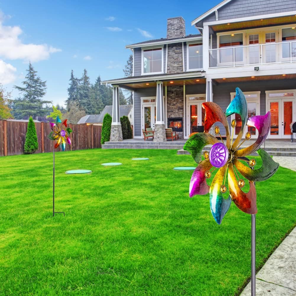 DREAMYSOUL 2 Packs Outdoor Metal Wind Spinner, Colorful Pinwheels for Yard and Garden, Kinetic Rainbow Spinner Wind Sculpture Garden Decor