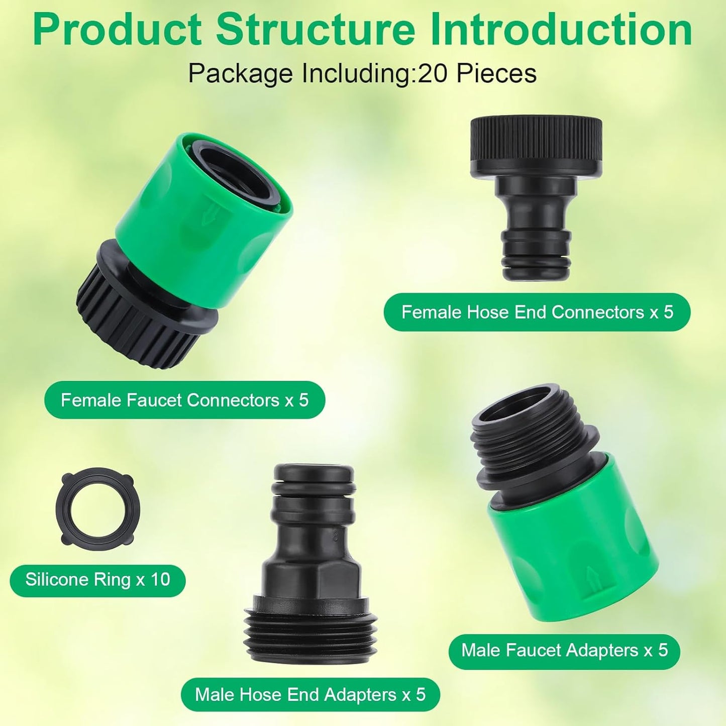 20 Pieces plastic water hose quick connect fittings, Garden Hose Quick Connect Fittings Plastic Fitting Adapter for Hose 3/4 Inch GHT Male and Female Connectors with 12 Pieces Rubber Washer