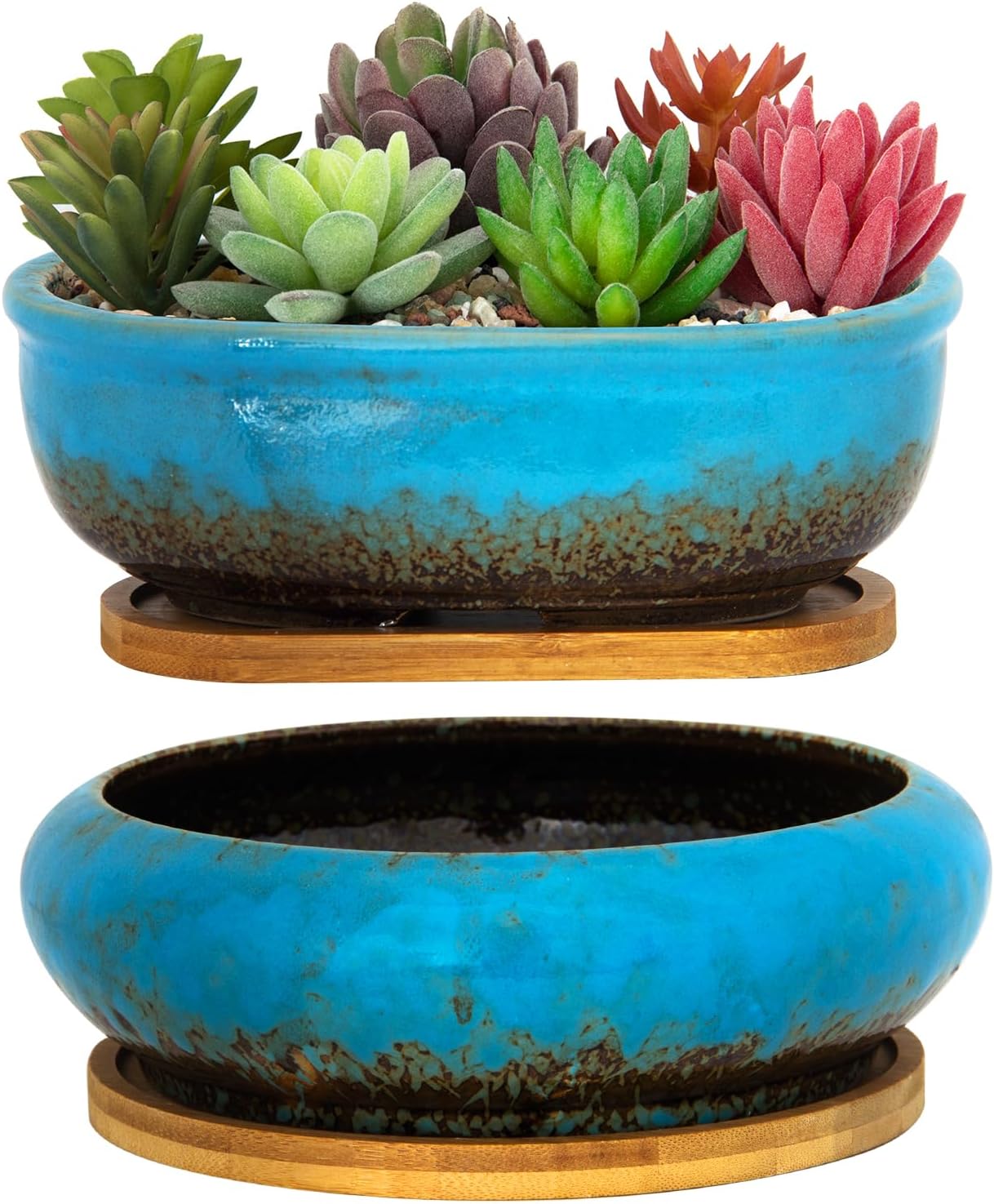 ARTKETTY Succulent Pots, 1 Rectangle Planter + 1 Ceramic Bonsai Pot with Drain Tray, 2 Pack Large Shallow Succulent Planters for Indoor Plants, Round Cactus Flower Plant Pot for Desk Windowsill Decor
