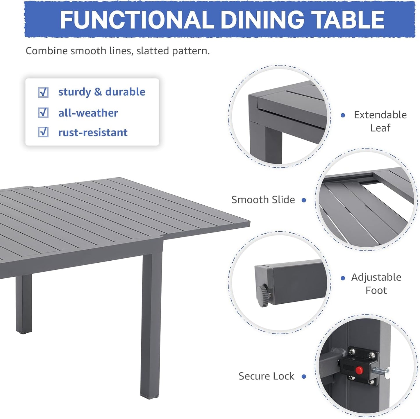 Soleil Jardin Aluminum Patio Extendable Dining Table, 63" - 105", Adjustable Indoor Outdoor Furniture Rectangle Table for 6-10 Person Porch Deck Garden, Dark-Grey