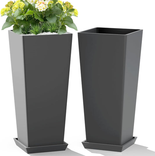 Set of 2 Tall Planters, 24" Large Indoor Outdoor Flower Pots with Tray, Modern Tapered Planters for Porch, Patio, Garden, Backyard