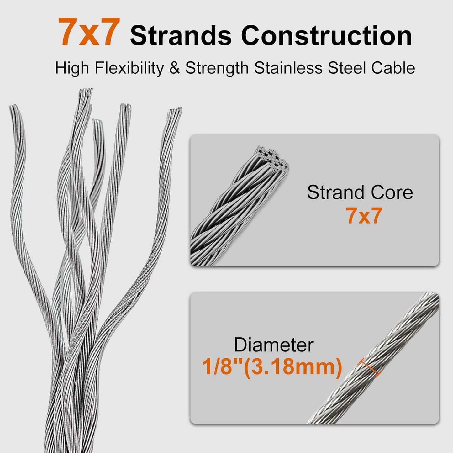 1/8" wire cable, 100ft Wire Rope Metal Cable With Loop Sleeve And Steel Thimble, 7x7 marine stainless steel Strand Core Perfect For Deck Railing System, Outdoor hanging kit, garden fence (SR03)