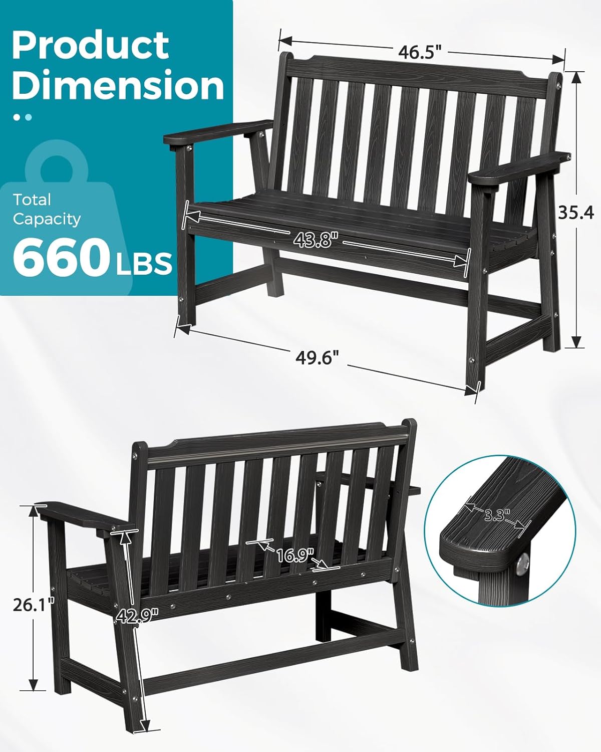 Outdoor Bench, 2-Person HDPE Garden Bench, All Weather Poly Patio Bench for Outdoors, Garden, Backyard, Porch and Park, 660 lbs Weight Capacity, Black