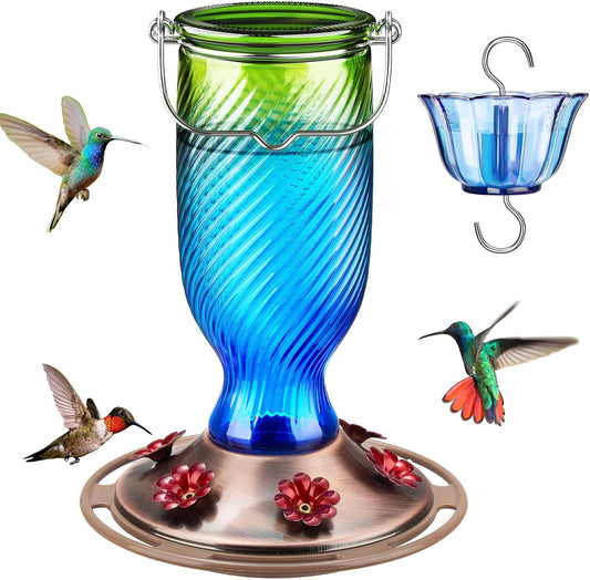 Kingsyard Glass Hummingbird Feeders for Outdoors, 24 oz Hummingbird Nectar Feeder for Outdoors Garden Yard Décor, 6 Feeding Ports, Ant Moat Included, Easy to Clean & Refill, Navy Blue